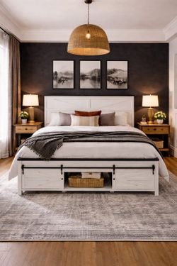 Queen bed with Sliding Barn Door Storage Cabinets and Headboard, Solid Wood Slats Support, Noiseless, No Box Spring Needed, Antique White