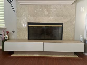 Modern White TV Stand with Wood Top