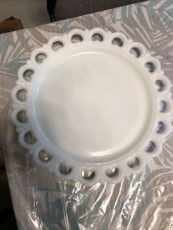 White Milk Glass Platter, Lace Edge, Glossy Finish - 13” Diameter