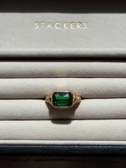 Gold-Toned Emerald-Cut Green Stone Statement Ring Size 8