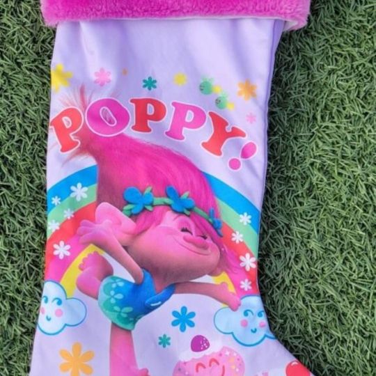 Trolls Christmas Stocking Picture of Poppy with JOY on White Cuff New w/Tag