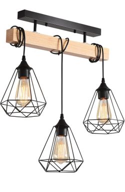 AOLALA Farmhouse Chandelier Ceiling Light, Rustic Wood Pendant Light 3 Hanging Lamps Adjustable Kitchen Island Lighting, Black Hanging Light Fixtures 