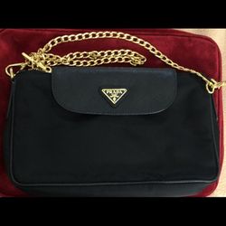 Prada Crossbody Fabric Saffiano Black Shoulder Clutch Chain Strap Bag