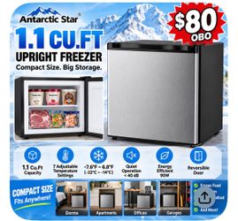 Antarctic Star 1.1 Cu Ft Compact Upright Freezer – Stainless Steel – Adjustable Temp