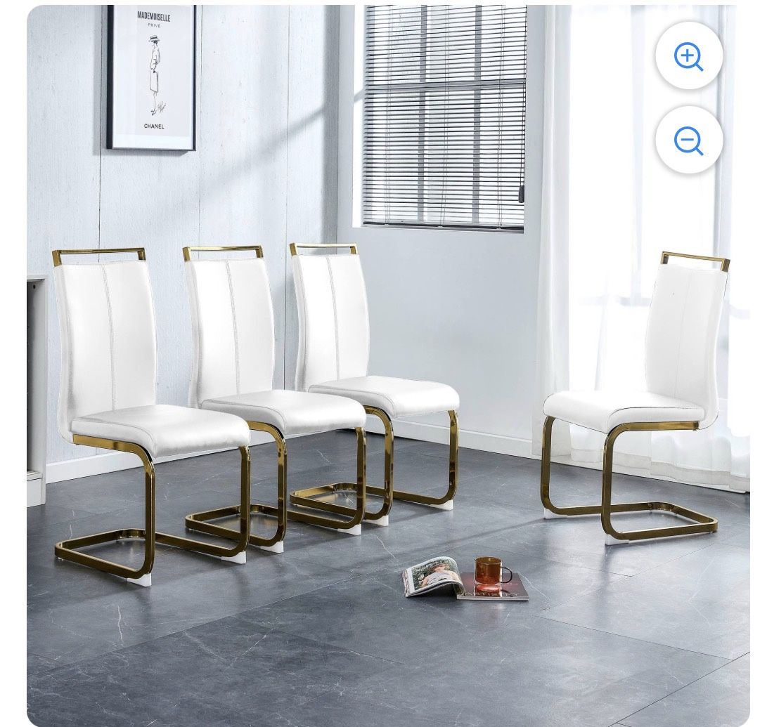 Set of 4 - White Dining Chairs  w/ Gold Metal Legs (C-Frame) [NEW] <Assembly Req>
