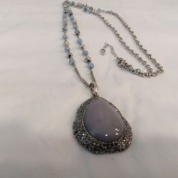 Unique Women's 18" Silver Tone Necklace  with Silver & Blue Beading/Moon Drop Stone 