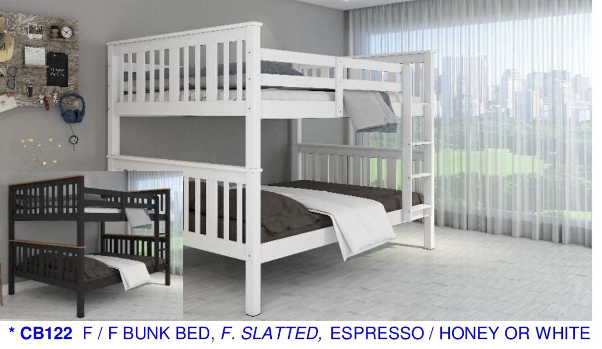   Full over Full bunk bed. Espresso & white-$499.90. Full mattresses -$125.00 each. Assembly not included. Free delivery.