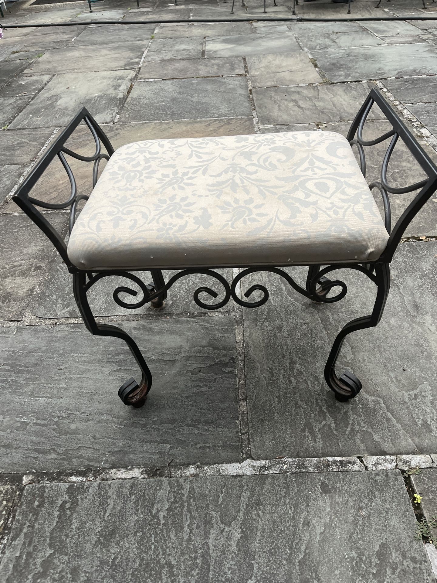 Wrought Iron Bench with Cushion approx H25”W16”L25” seat to floor H 19”