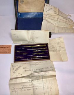 Antique Drafting Instruments Set + 1891 Evening School Card + NYC Ephemera Lot