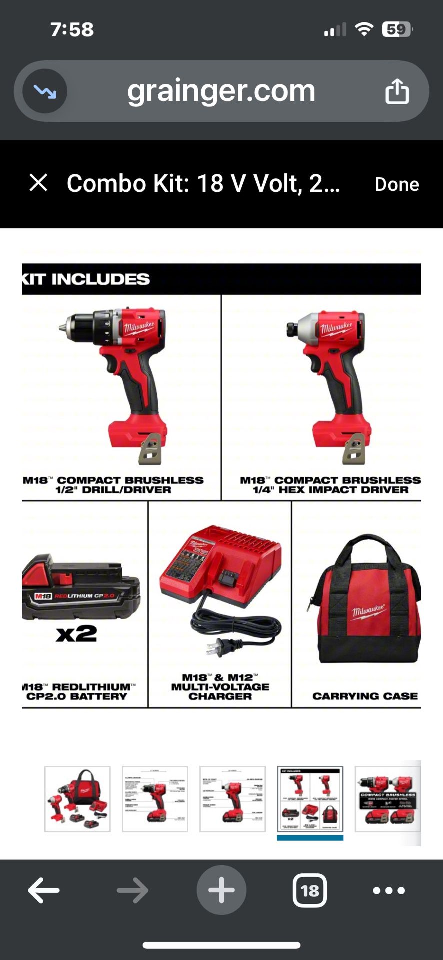 Combo Kit: 18 V Volt, 2 Tools, 1/2 in Drill (Gen Purpose, 1700 RPM), Contractor Bag, M18(TM