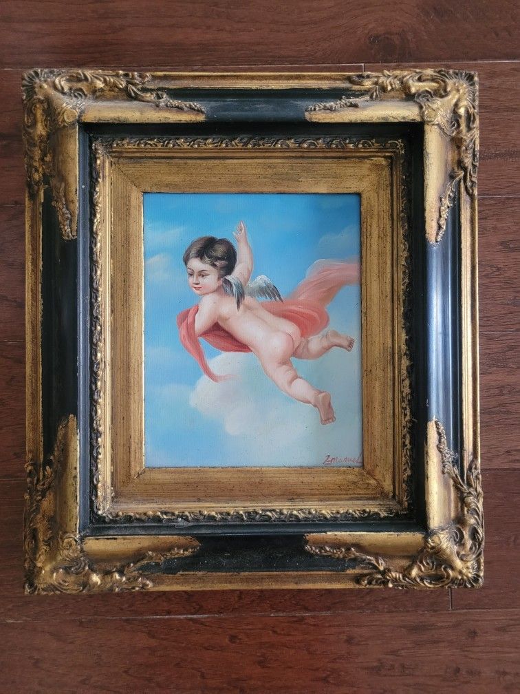 Framed Flying Cherub Painting