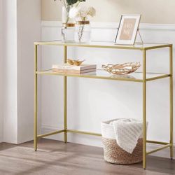 39.4 Inch Console Sofa Table, Modern Entryway Table, Tempered Glass Table, Metal Frame, 2 Shelves, Adjustable Feet, for Living Room, Hallw