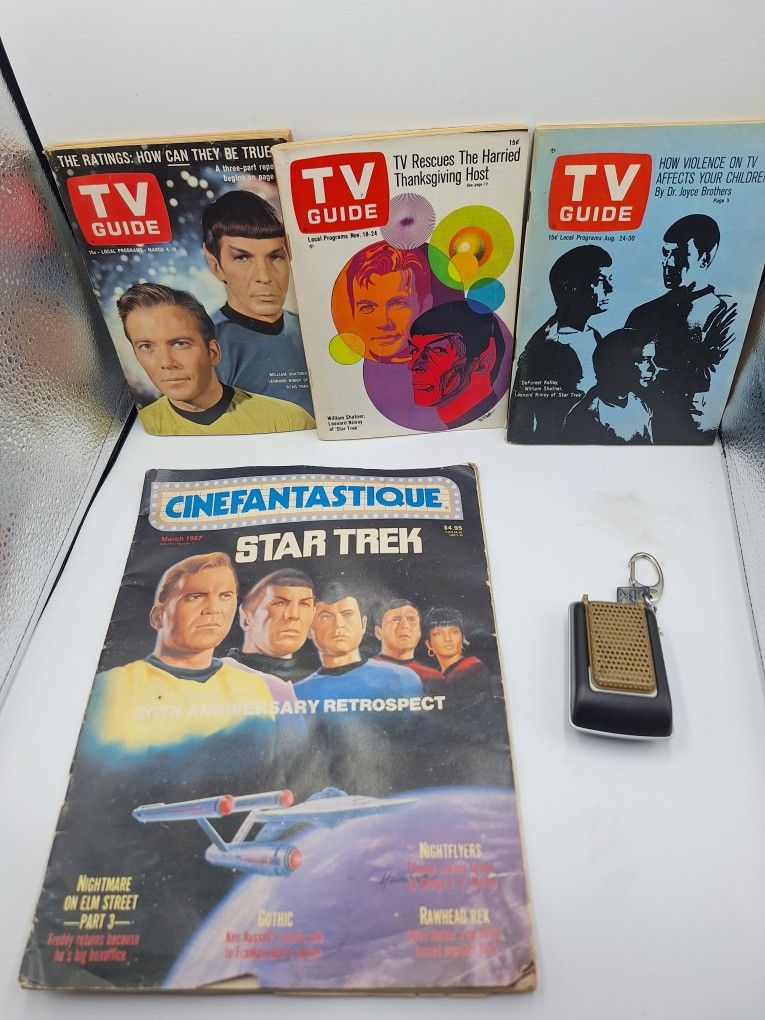 3 STAR TREK TV GUIDE COVERS- CINEFANATIQUE & STAR TREK COMMUNICATOR KEYCHAIN