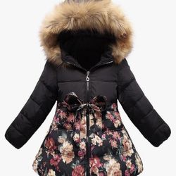 Girls' Long Flower Printing Bowknot Winter Hooded Down Jacket (NEW; Two sizes: 5-6 Years or 7-8 Years)