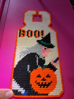 Vintage Halloween “BOO!” Needle Point Plastic Canvas Door Hanger w/Witch & Pumpkin