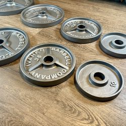 IVANKO’S FULL Olympic Set [ 5s And 2.5s Different Brand] Reconditioned Beautiful Vintage Cast Iron Weight Plates 