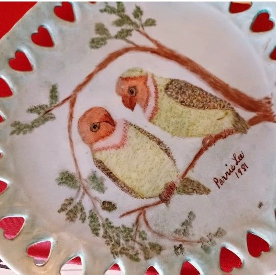 Vintage Handmade Painted Lovebirds Collector's Plate Ceramic Art
