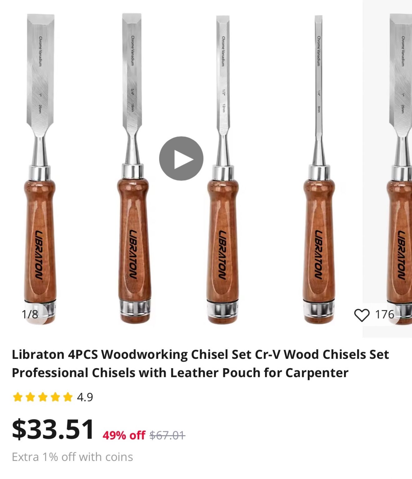 Libraton 4PCS Woodworking Chisel Set Cr-V Wood Chisels Set