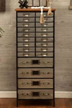 Multi Drawer Black & Stainless Metal Storage Unit Woodgrain Top
