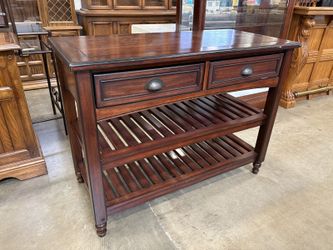 Dark Cherry Finished Wooden 3 Tier Slatted Console Table with Metal Cup Pulls