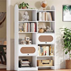 Dakota Fields 6-Tier Bookshelf With 2 Rattan Flip-Top Storage Cabinets, 8-Cube Display Organizer For Living Room, Study, And Bedroom
