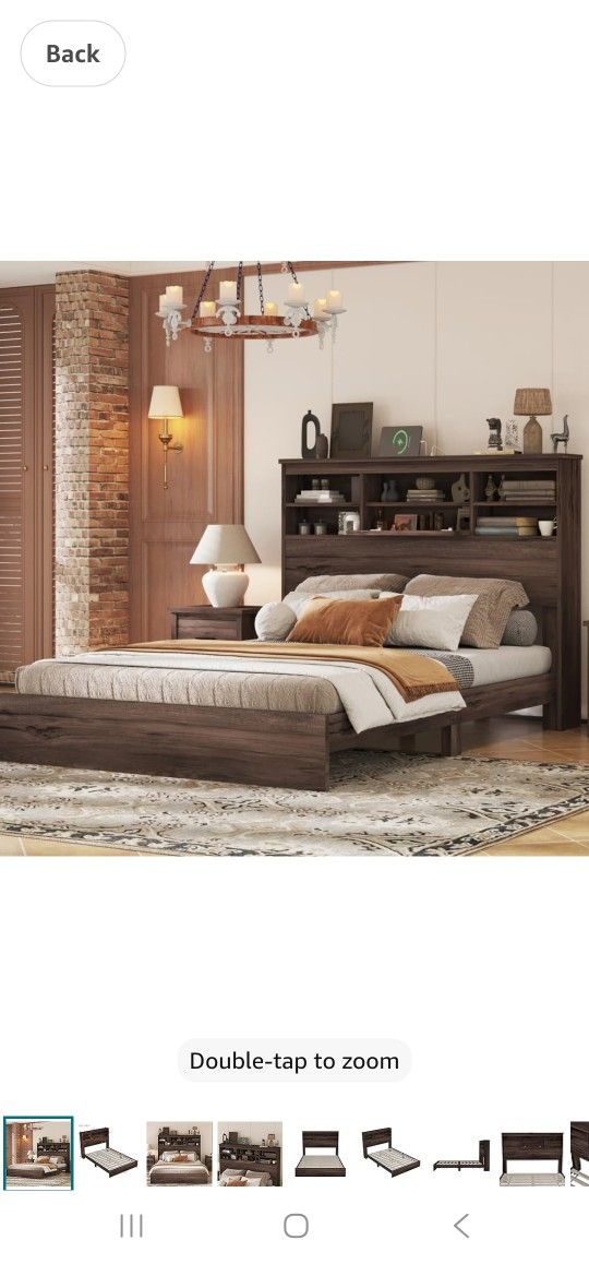 RadiantName Queen Size Wooden Platform Bed with Storage Headboard,American Country Style Bed with USB Charging Ports,Dark Walnut
