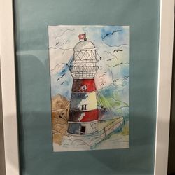 Framed Watercolor Painting of a Lighthouse.