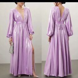 NWOT BRONX AND BANCO Zoe Metallic Blouson-Sleeve Elegant Purple Evening Gown, XS  The NWOT Bronx and Banco Zoe Metallic Blouson-Sleeve Evening Gown in