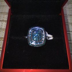 Brand New Blue Diamond Cluster 925 Sterling Ring Size 7
