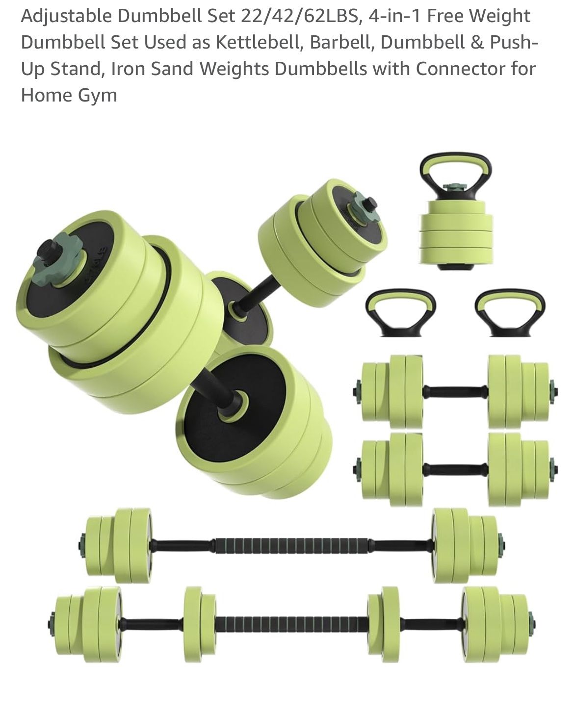 Adjustable Dumbbell Set 22/42/62LBS, 4-in-1 Free Weight Dumbbell Set Used as Kettlebell, Barbell, Dumbbell & Push-Up Stand, Iron Sand Weights Dumbbell