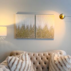  Golden Glimmer 100% Hand Brush Embellished Canvas, 2 Piece Set, Each 22" W x 28" H x 1.5" D, Gold, Living Room 