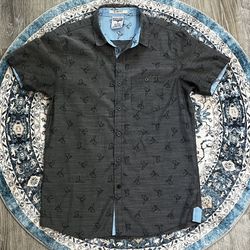 Blue Gear Medium Dark Gray Blue Slim Fit Polo Button Down Shirt Origami Print