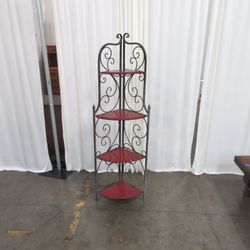 Ornate Scrolled Metal Corner Shelf with Red Shelves