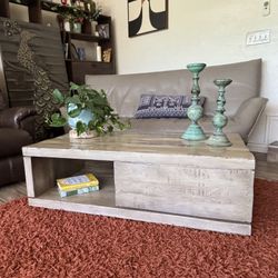 Four Hands Dillon Coffee Table With Weathered Acacia Wood And A Concealed Slide Drawer.