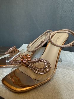 Women's Rhinestone Bow Heels Square Toe Clear Heeled Sandals