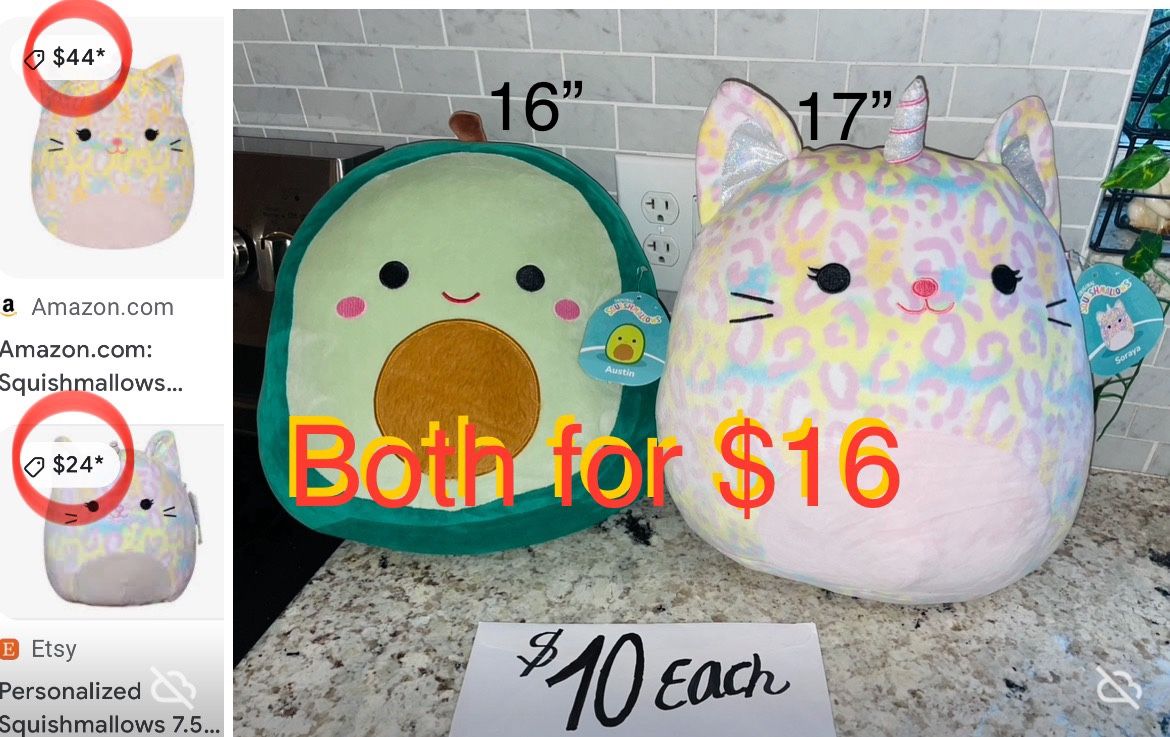 $10 Each or Both $16 Brand New 16”& 17” Squishmallow Austin Avocado 🥑 and Soraya unicorn 🦄Cheetah