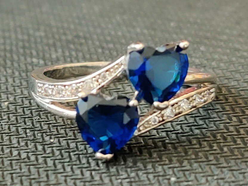 Double Heart Sterling Silver Simulated Blue Sapphire White Topaz Ring, Size 9.5