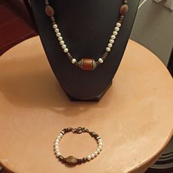 Vtg Vintage Sterling Silver, Pearl & Gemstones Necklace Bracelet Set
