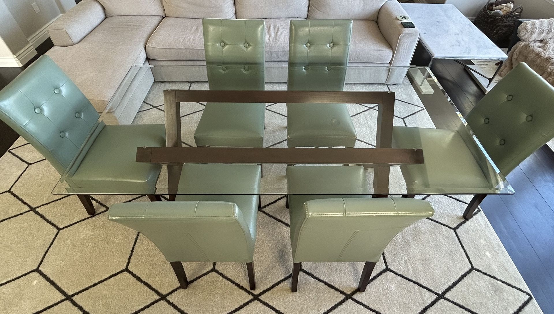 Glass Dining Table With 6 Teal Chairs