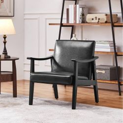 PU Leather Accent Chair, Mid-Century Modern Armchair with Solid Wood Legs, Reading Leisure Chair