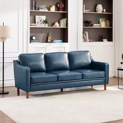 80" Faux Leather Sofa, 3 Seater Couch, Mid Century Modern Couch with Solid Wood Frame for Living Room & Bedroom, Blue