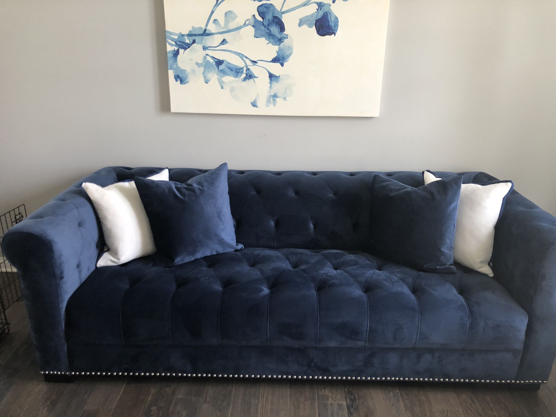 Navy Blue Velvet Sofa and Oversized Chair