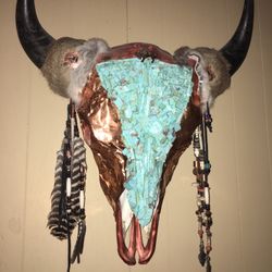 Real Turquoise And Copper Large Buffalo Skull Head