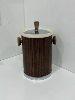 Vintage Mid Century Modern Kromex Faux Wood Plastic Ice Bucket With Chrome Base And Lid