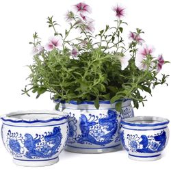 New in box Ceramic Planter - POTEY 7.5+5.5+4.1 Inch Blue and White Planter Ceramic Flower Pots Decorative with Drainage Hole - 817, Set of 3