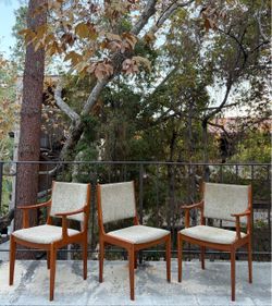 Vintage Scandinavian Modern Teak & Tweed Set of 3 Dining Chairs