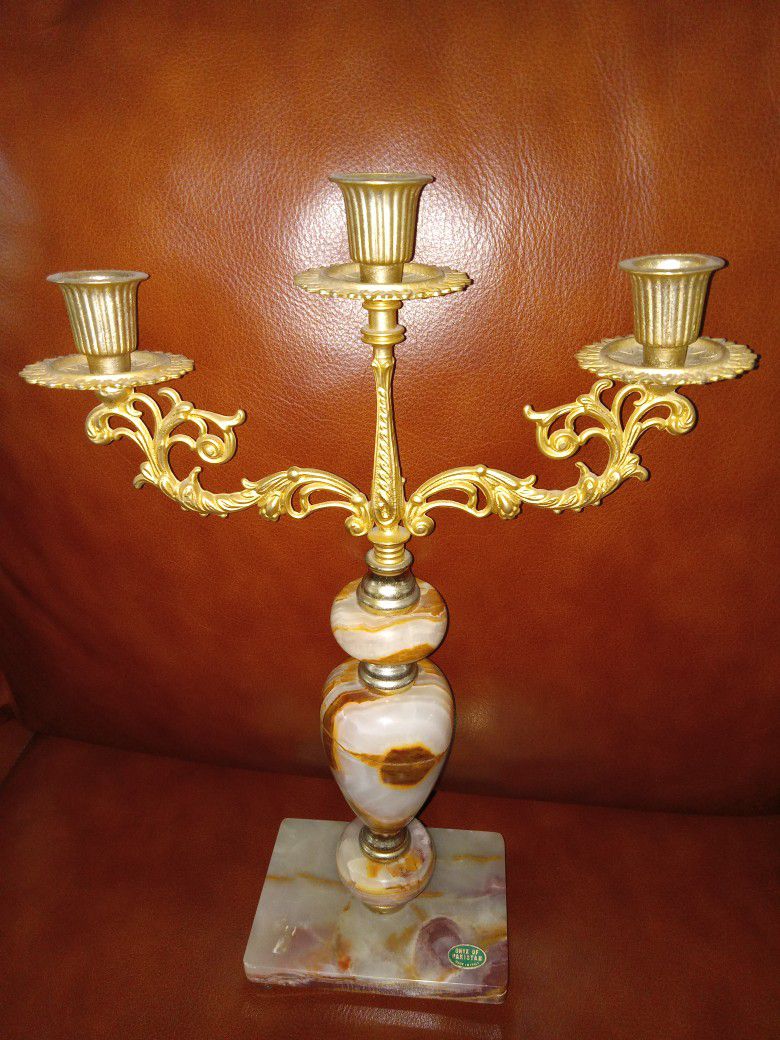 Onyx Marble & Brass Candelabra Candle Holder Vintage