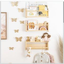 BAM + Crew Bookshelf for Kids - Kids Bookcase Set of 3 - Bookshelf for Kids Rooms and Bathroom, Baby Room Decor Natural Wood Floating Bookshelves Wall