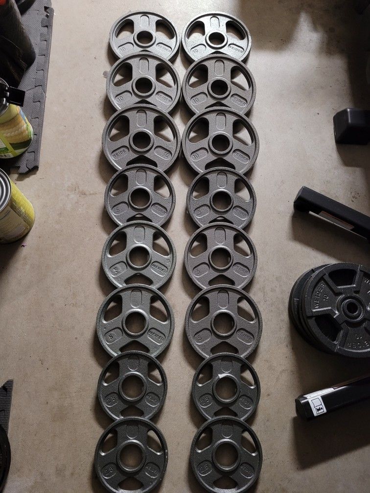 New Olympic Weight Plates (6x10Lbs,6x5Lbs,4x2.5Lbs) for $100 Firm (Walnut 91789)