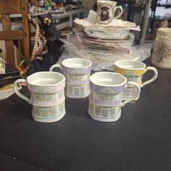 Lenox Village Fine Porcelain Set Of 4 Coffee Mugs Designed As A Cafe Building Pastel Colors Vintage 1992 Mint Condition